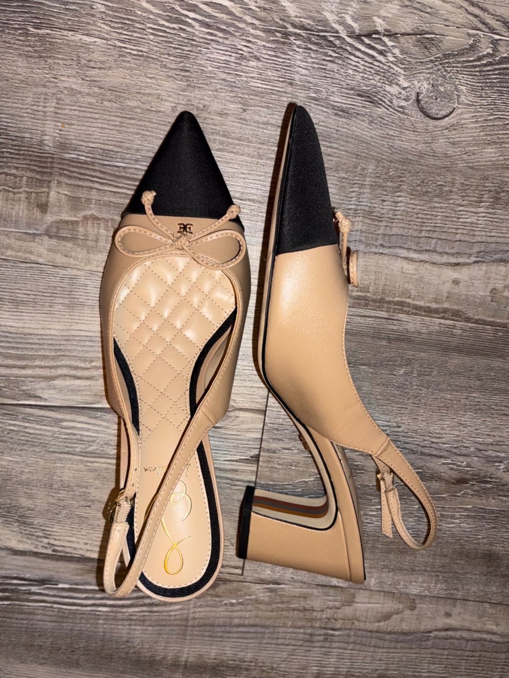 Sam Edelman Beige and Black Two-Tone Pointed Slingback Block Heels